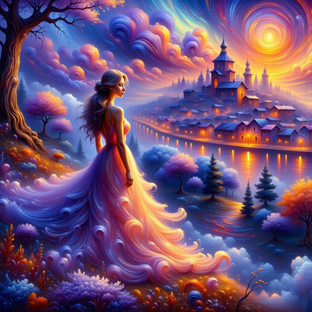 Young Woman in Gown by Colorful River Landscape