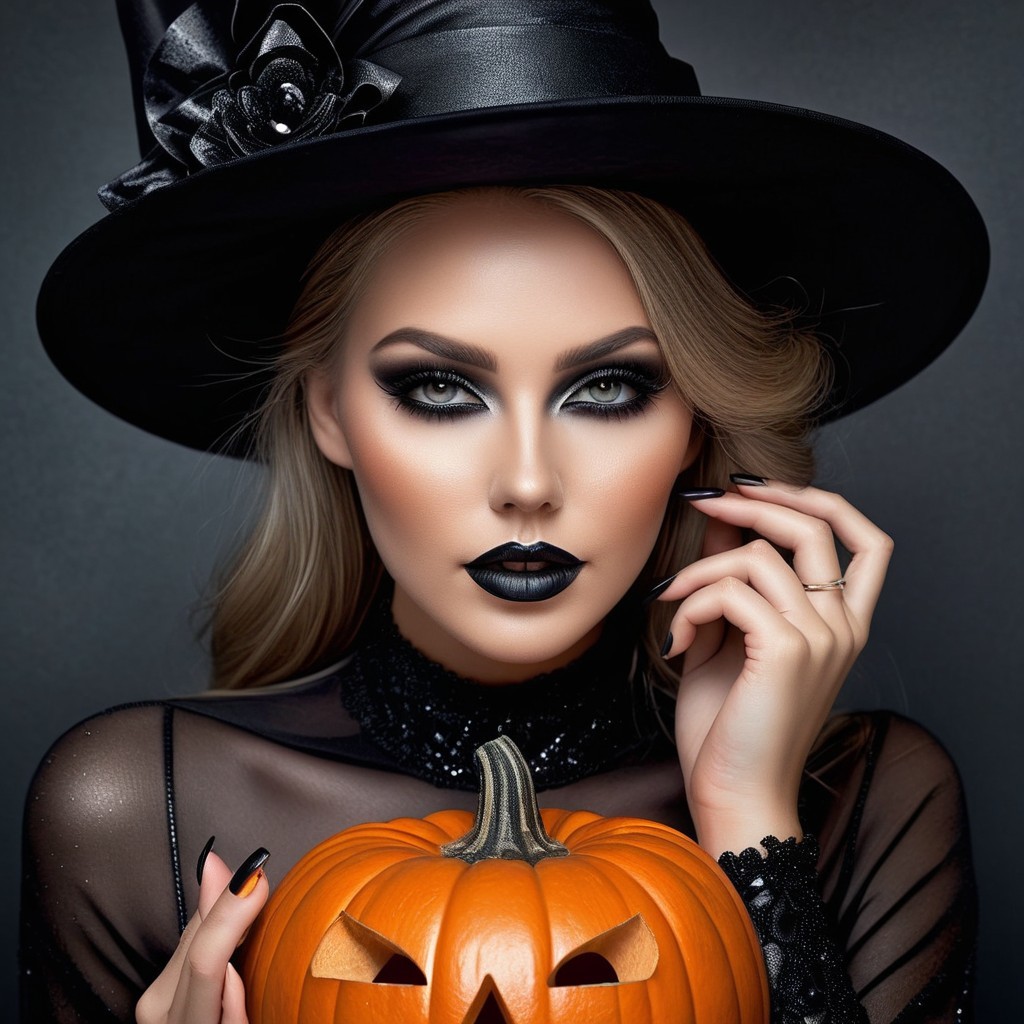 Elegant Witch with Pumpkin in Dark Halloween Setting