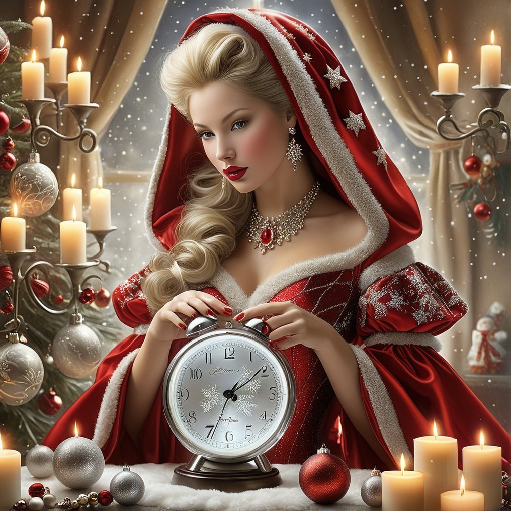 Glamorous Woman in Red Gown Amidst Festive Decor