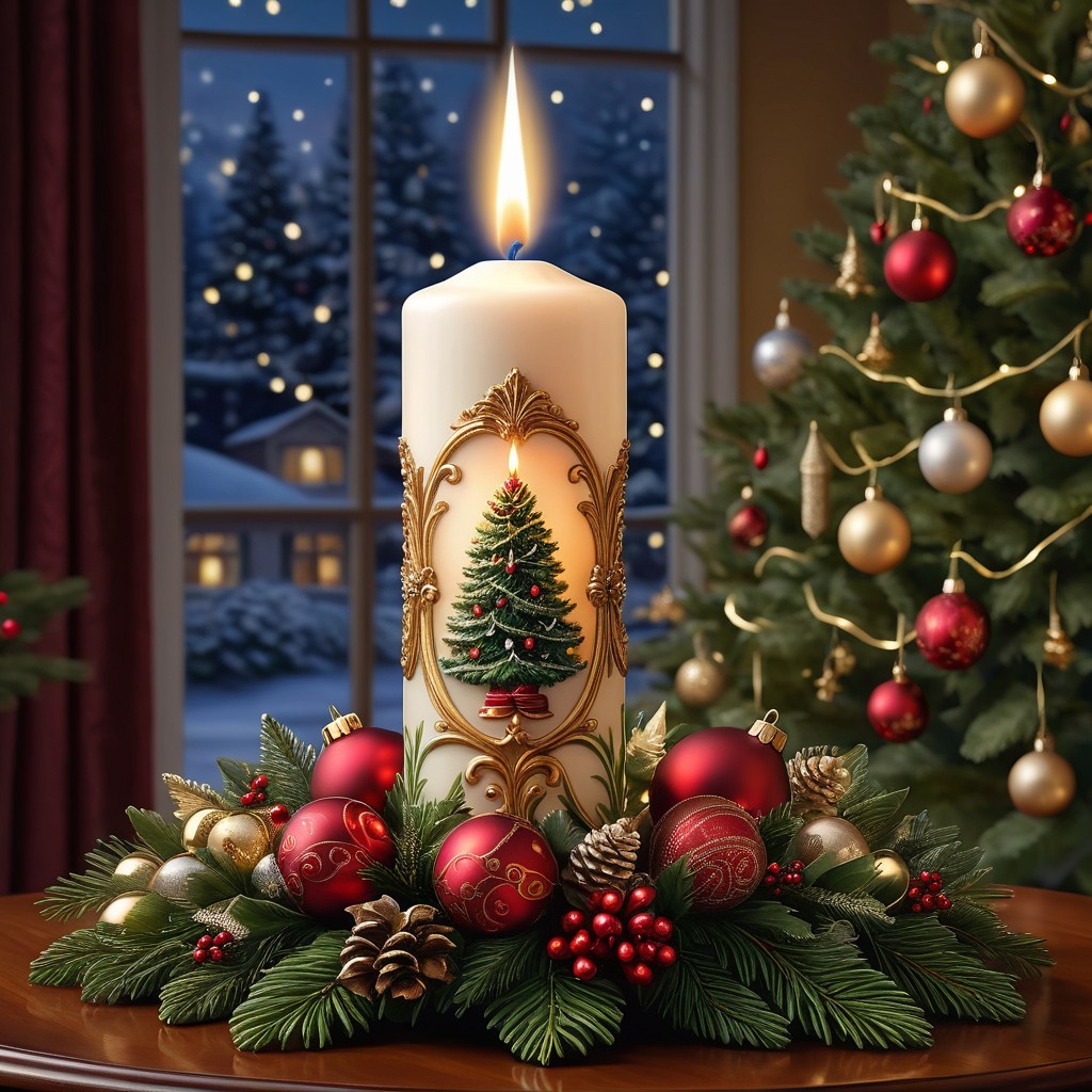 Festive White Candle Surrounded by Christmas Decor