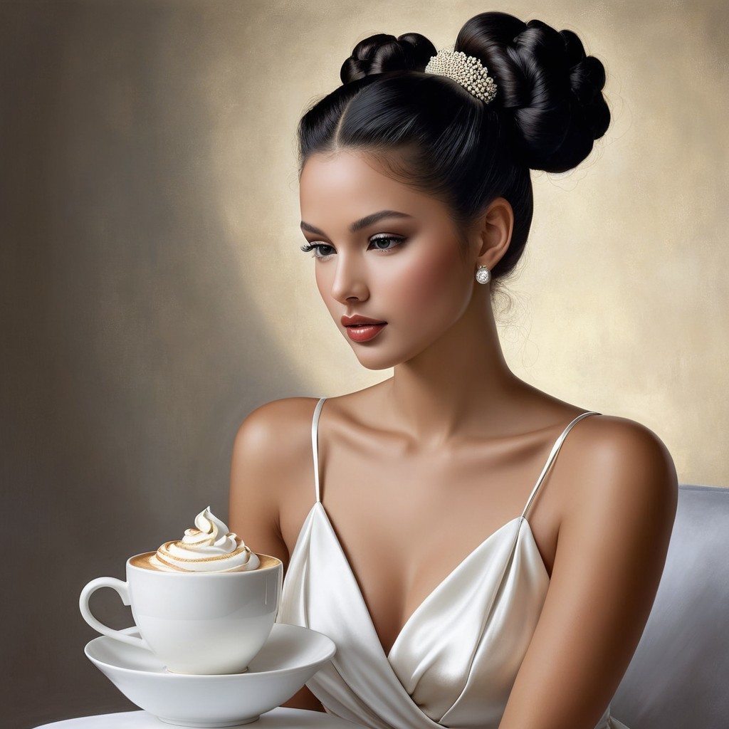 Elegant Woman with Coffee in Satin Dress