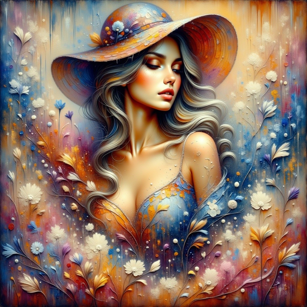 Stylized portrait of a woman with flowing hair and hat