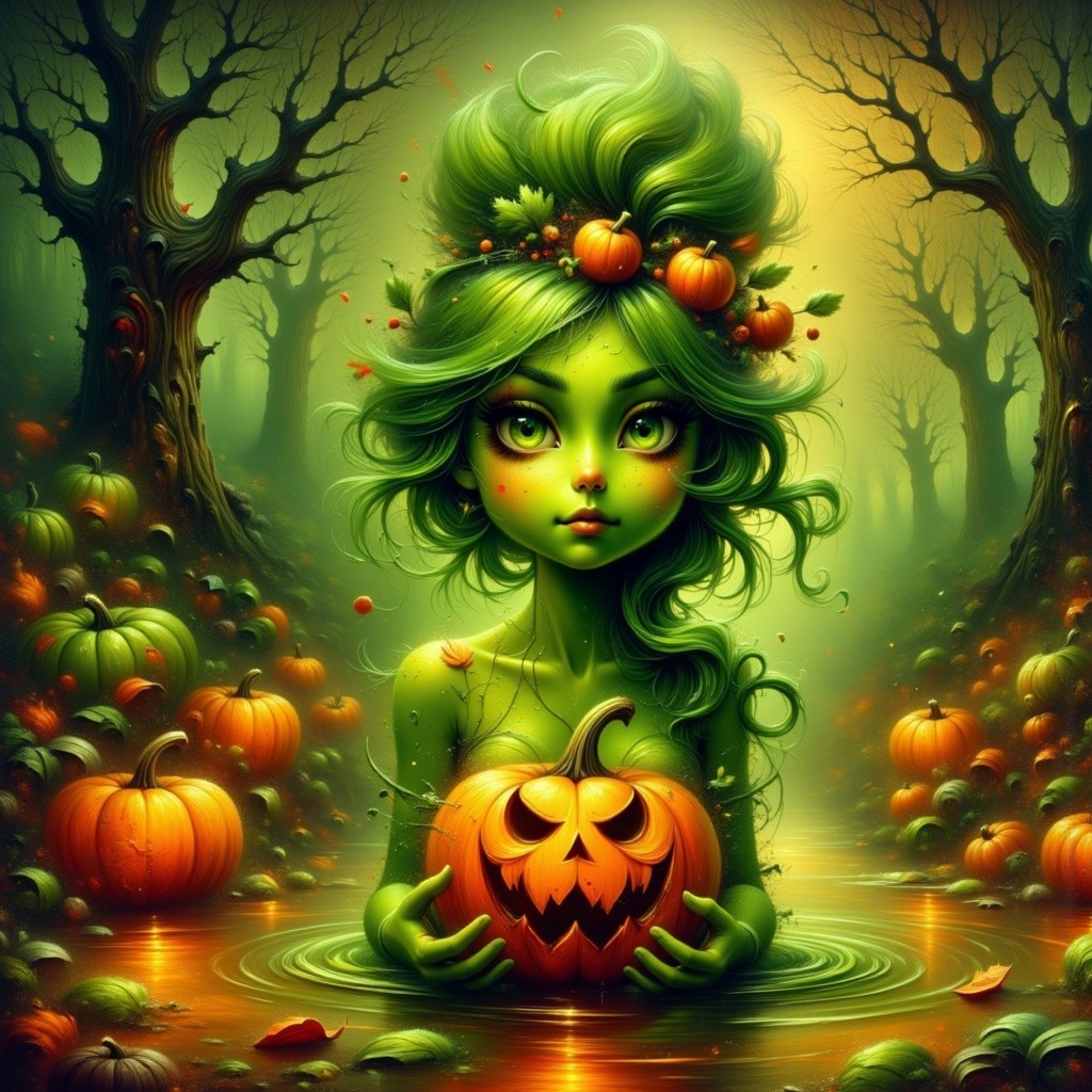 Whimsical figure in a mystical forest with pumpkins