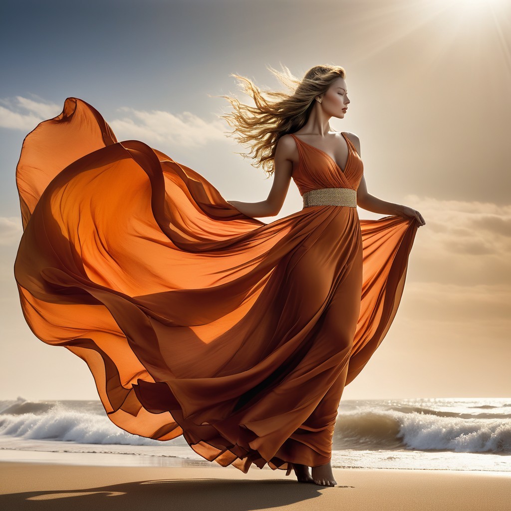 Elegant woman in orange dress on a tranquil beach