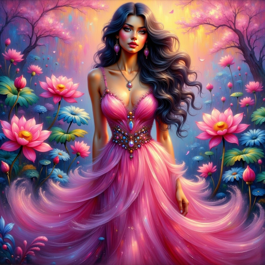 Woman in Elegant Gown in Enchanted Lotus Garden