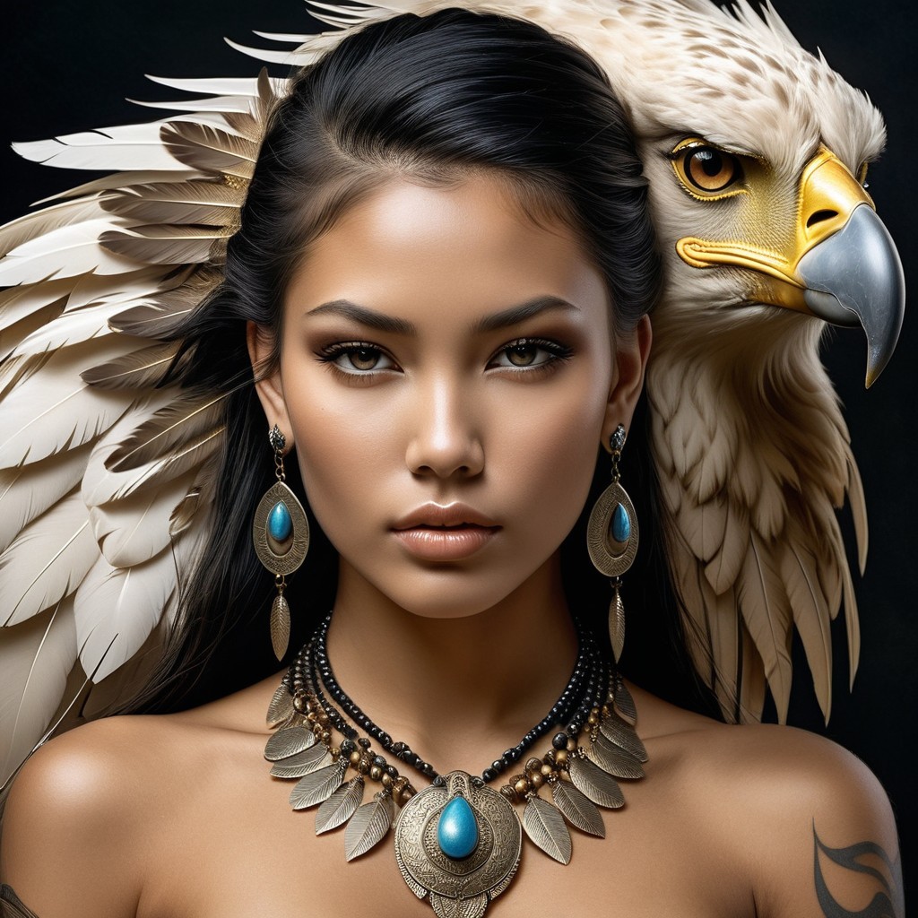 Portrait of a woman with eagle and ornate jewelry