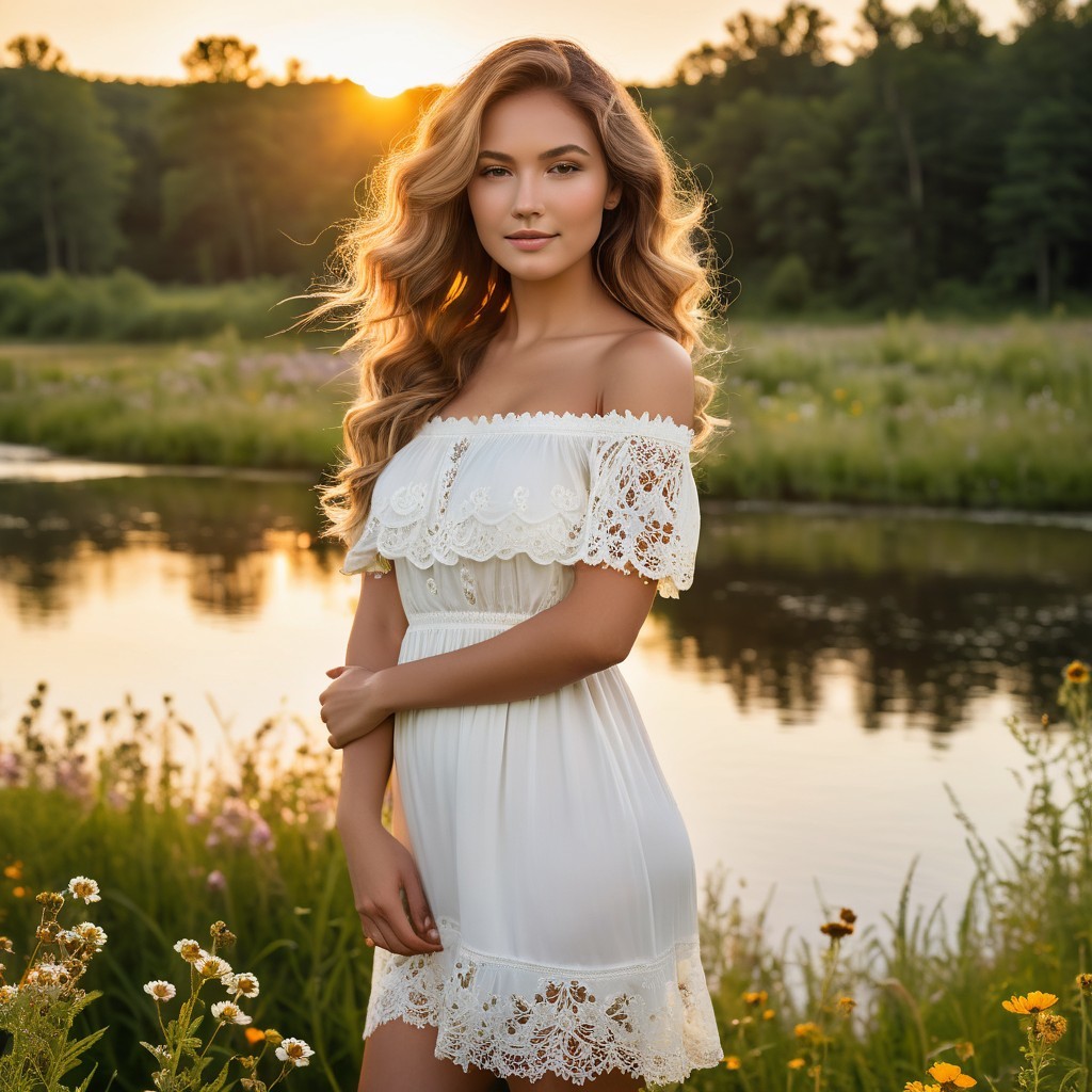 Young Woman by Serene River at Sunset in White Dress