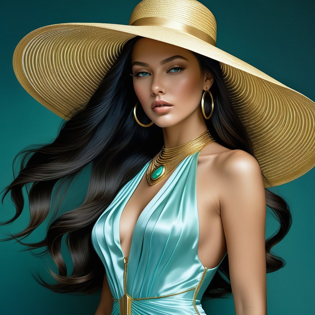 Glamorous Model in Aqua Dress with Gold Jewelry