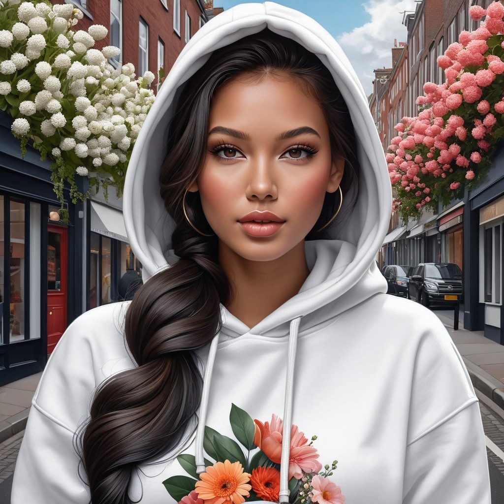 Young Woman in Floral Hoodie on Charming Street