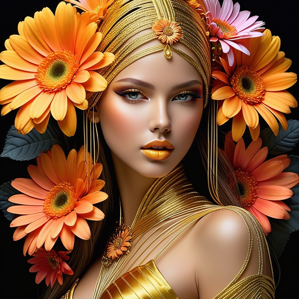 Woman with Floral Headdress and Golden Makeup