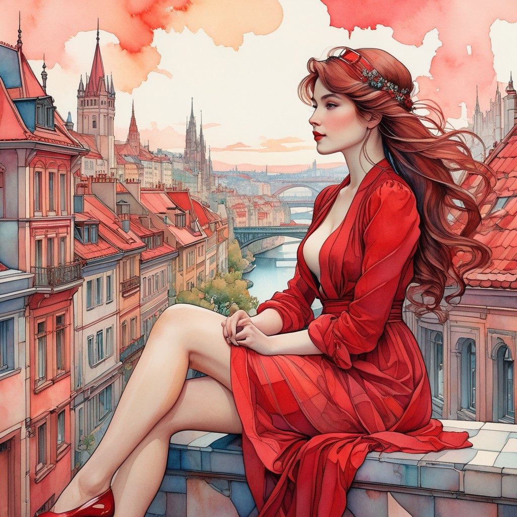 Watercolor Scene of Woman in Red Dress Overlooking City