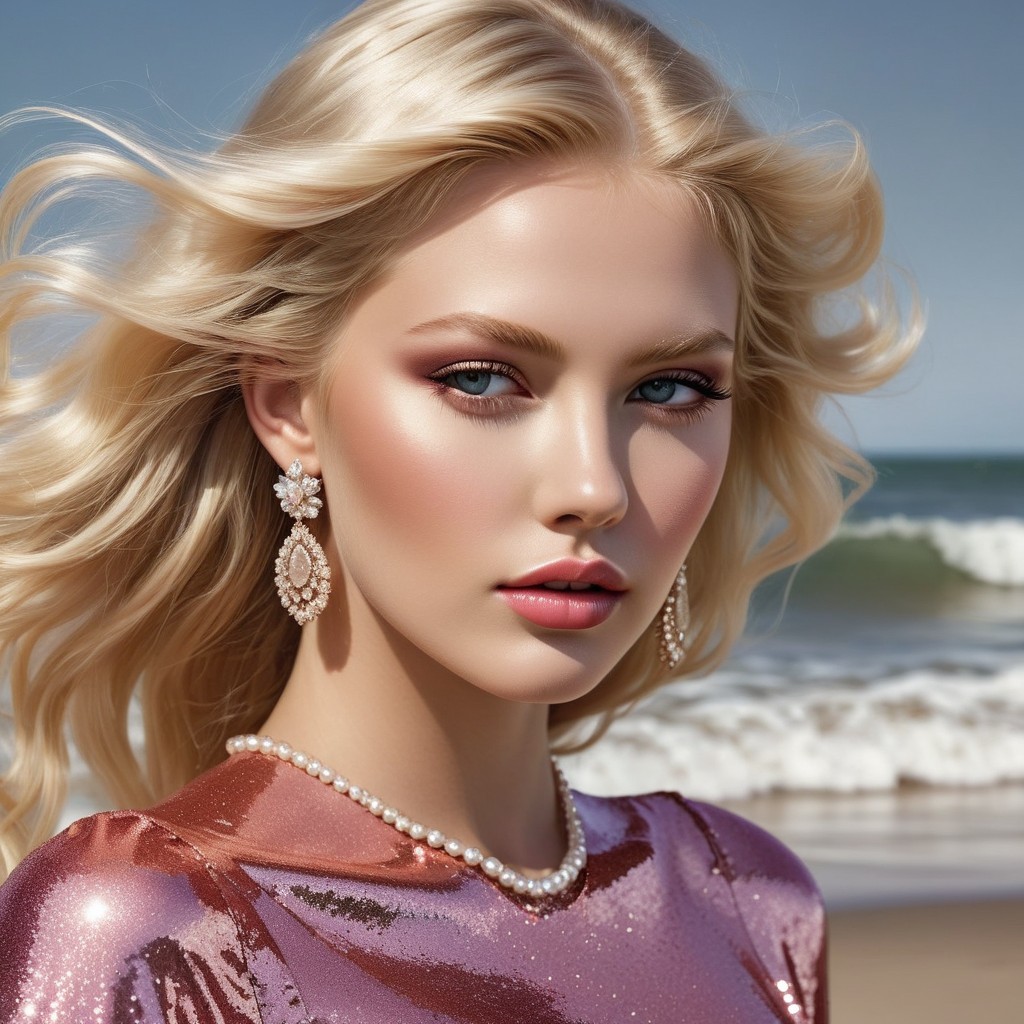 Model in Beach Setting with Glamorous Attire and Jewelry