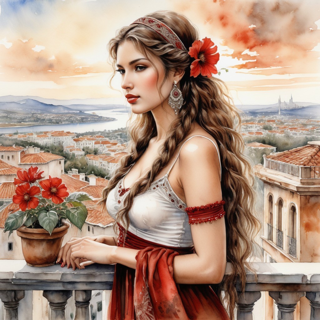 Young Woman on Balcony at Sunset with Scenic View