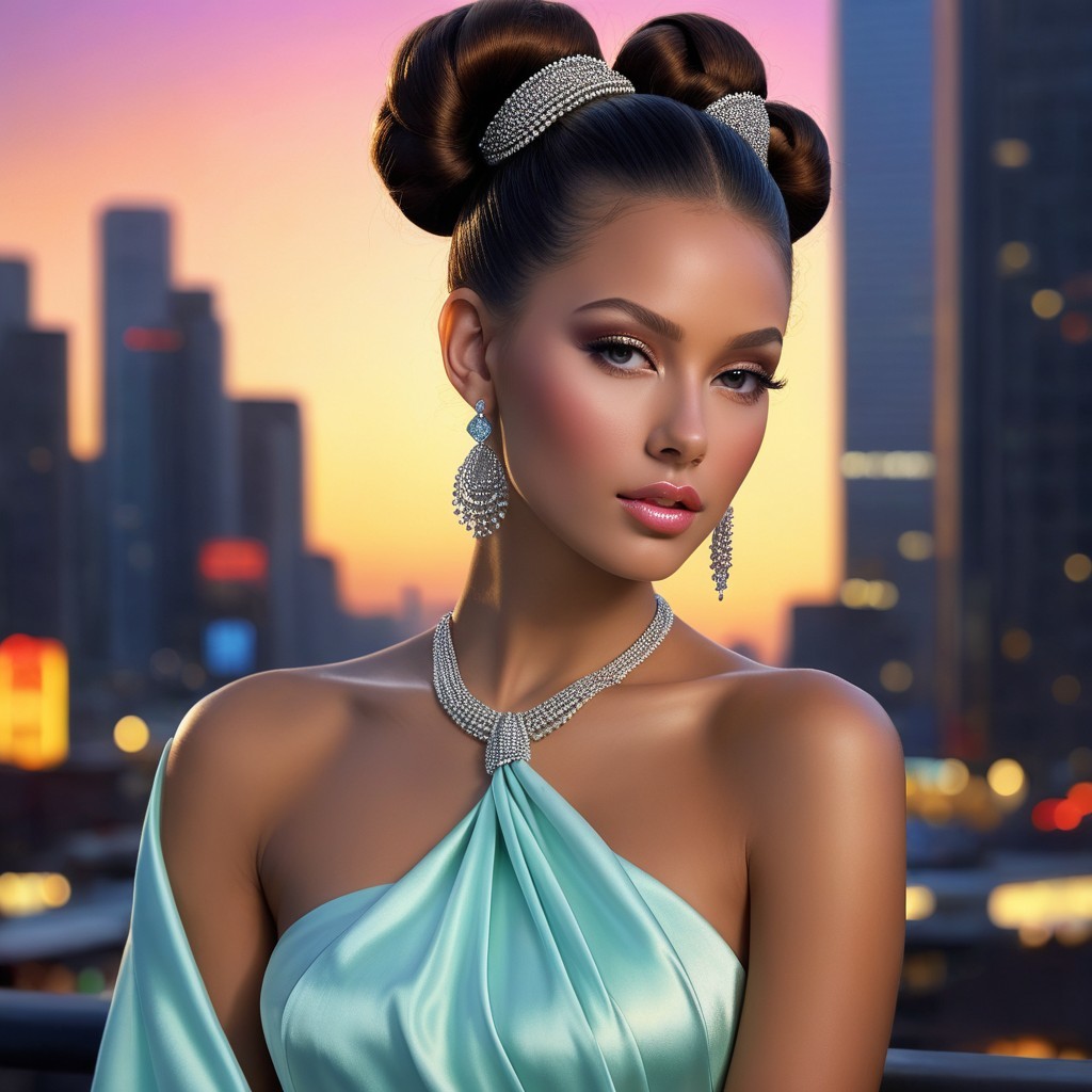 Elegant Woman in Mint-Green Gown Against City Sunset