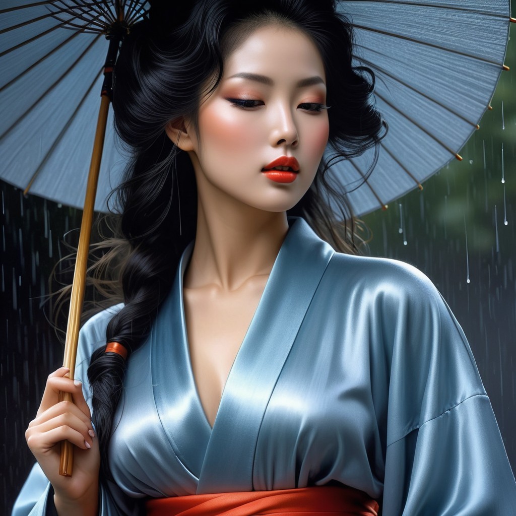 Woman in blue kimono with parasol in the rain