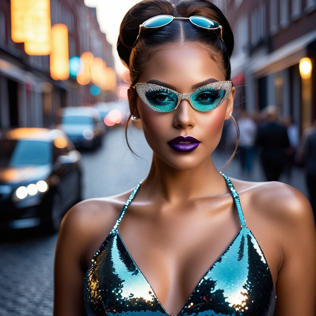 Confident Woman in Teal Sunglasses on City Street