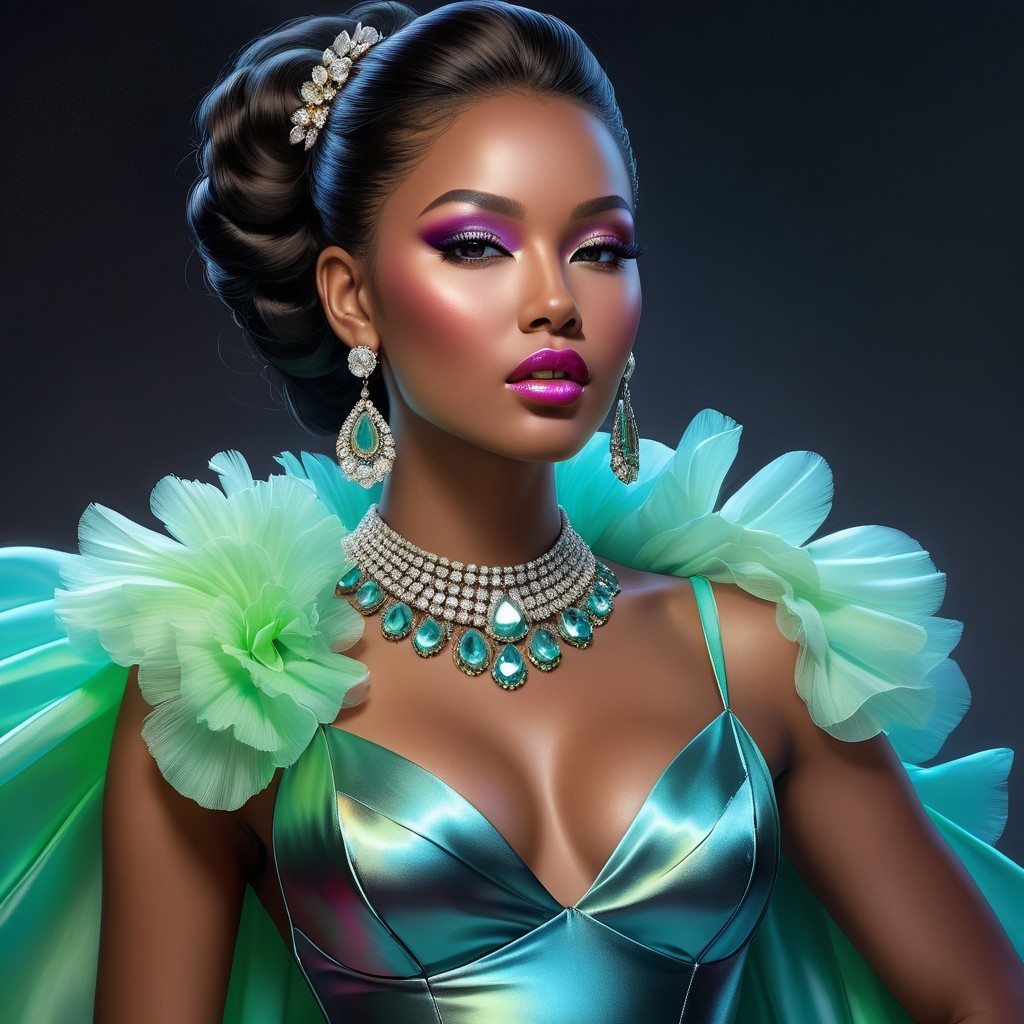 Glamorous Model in Turquoise Gown with Bold Makeup