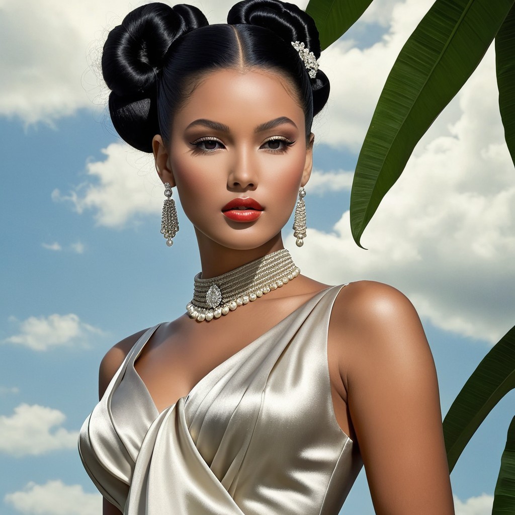 Elegant Woman in Satin Gown with Stylish Hair and Pearls