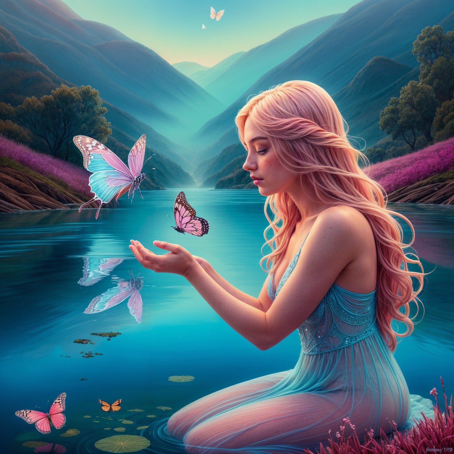 Young woman by tranquil lake with pink hair and butterflies