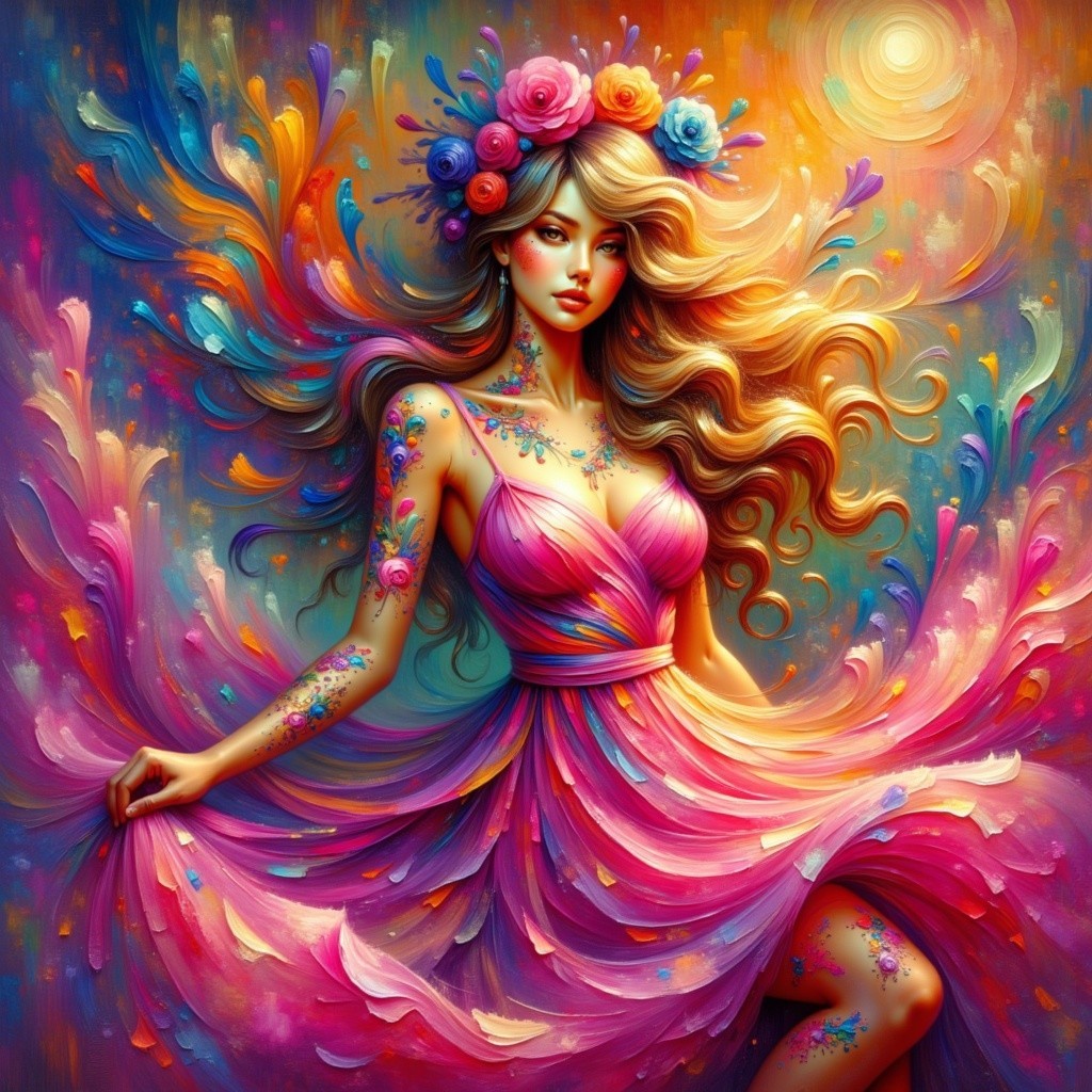 Ethereal figure in pink gown with floral motifs