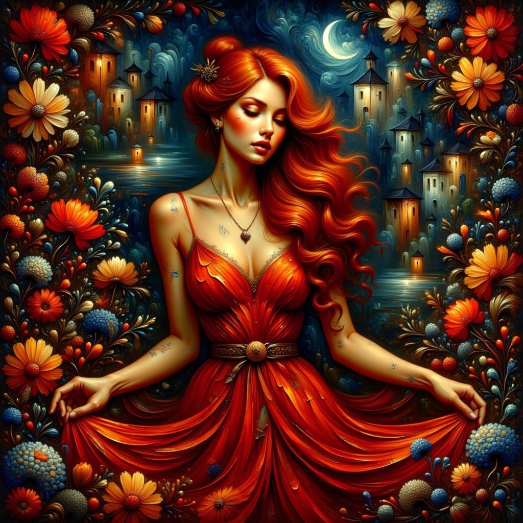 Red-haired woman in floral landscape with moonlit houses