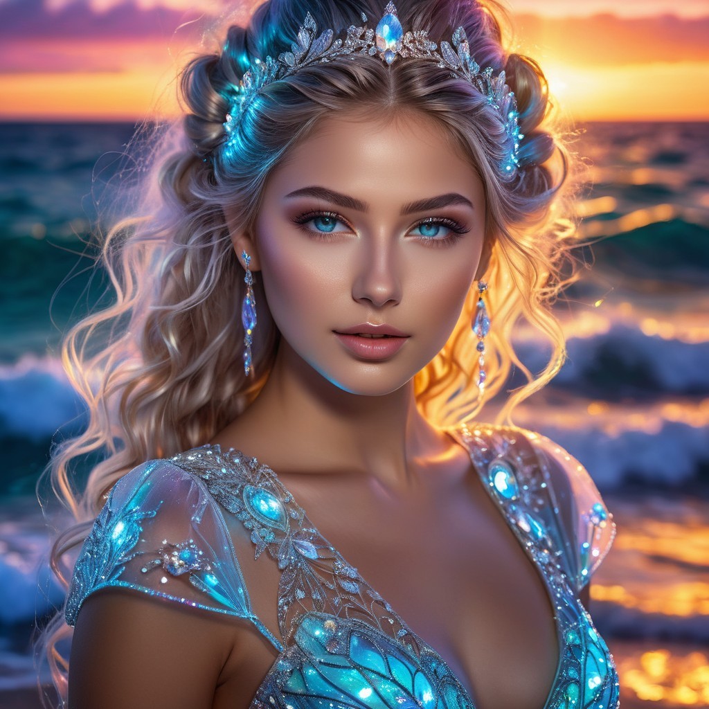 Young woman with blue eyes at ocean sunset scene