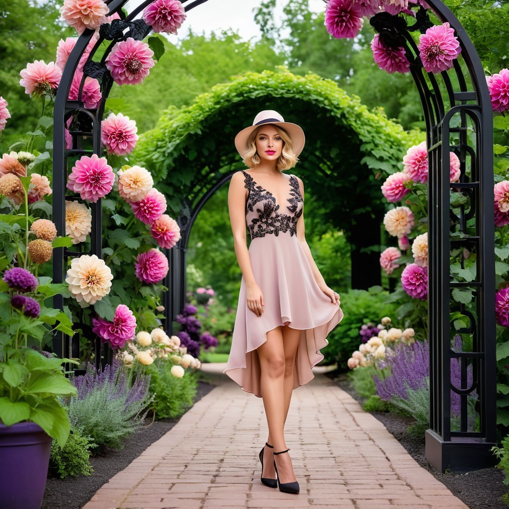Stylish Woman in Blush Dress in Lush Garden Setting