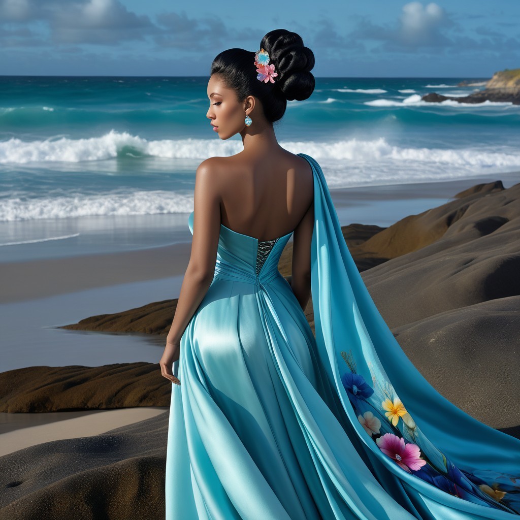 Woman in Light Blue Gown on Sandy Beach Scene