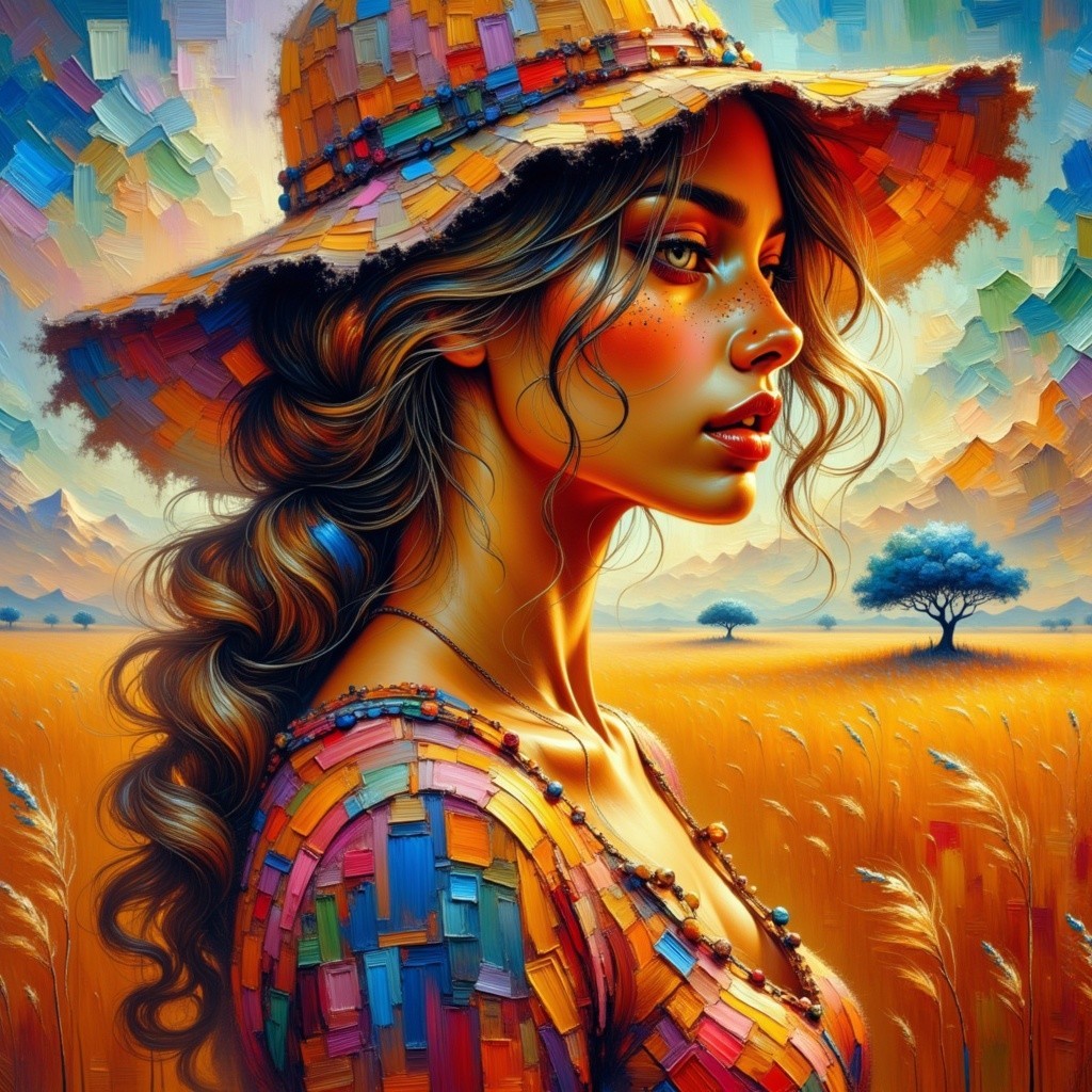 Woman in Colorful Dress in Golden Field at Sunset