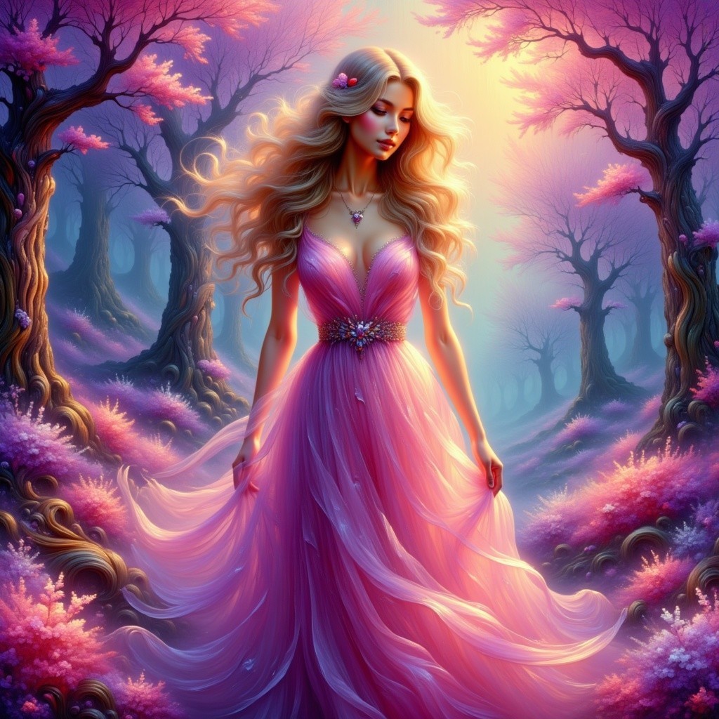 Serene Figure in Pink Gown in Enchanting Forest