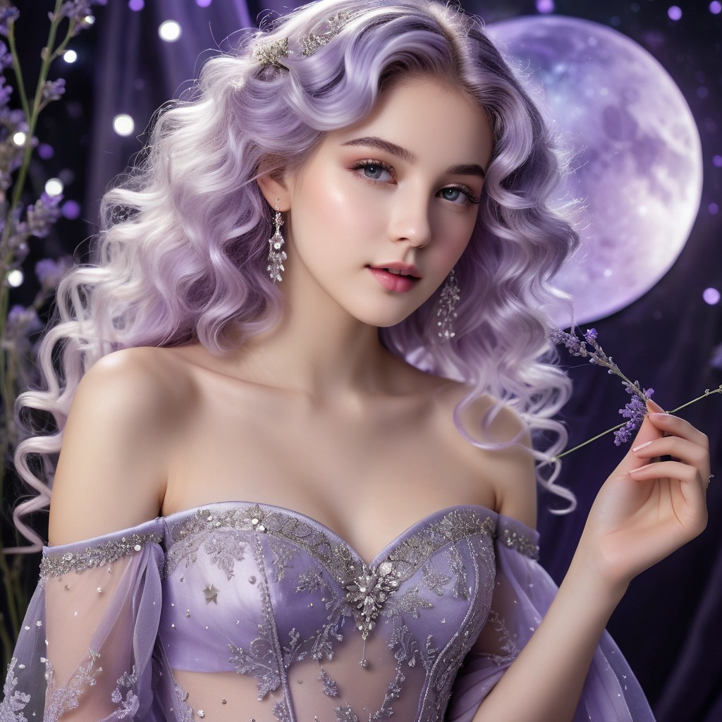 Young woman in lavender gown with moonlit backdrop