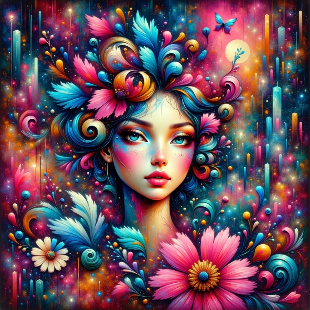 Surreal portrait of a woman with colorful flowers and stars