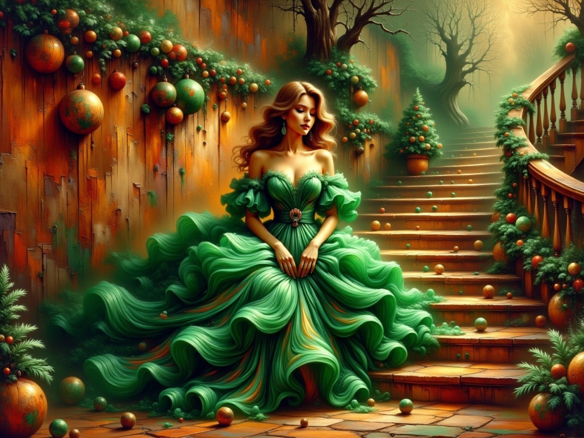 Elegant Woman in Green Gown Surrounded by Rustic Decor