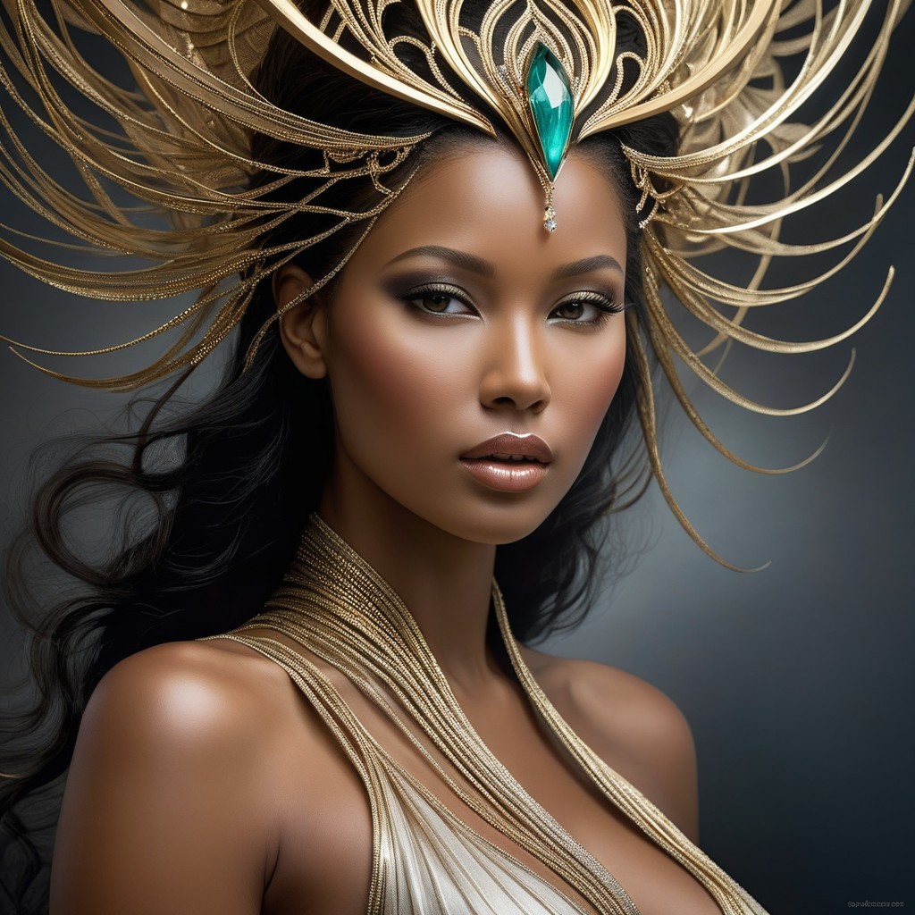 Portrait of a Woman with Golden Headpiece and Emerald Jewel