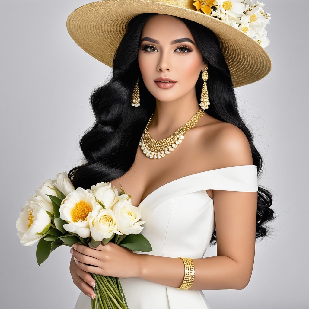 Elegant Woman in White Dress with Floral Hat and Peonies
