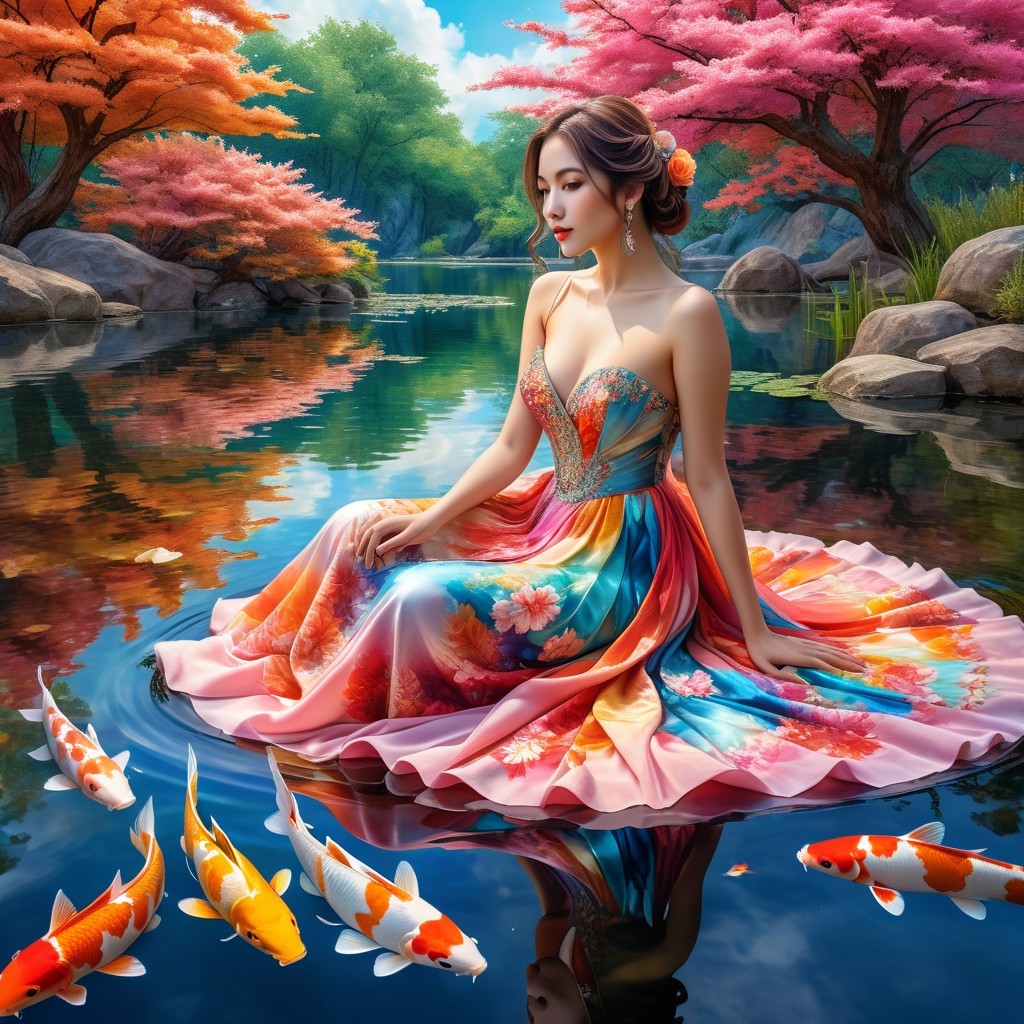 Young Woman in Floral Gown by Mirrored Pond