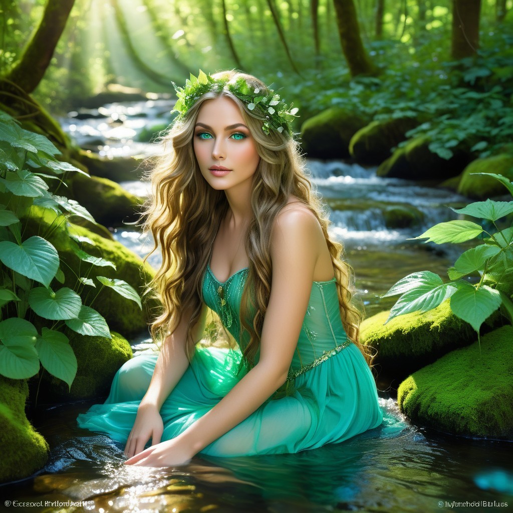 Young woman as mystical spirit in forest stream