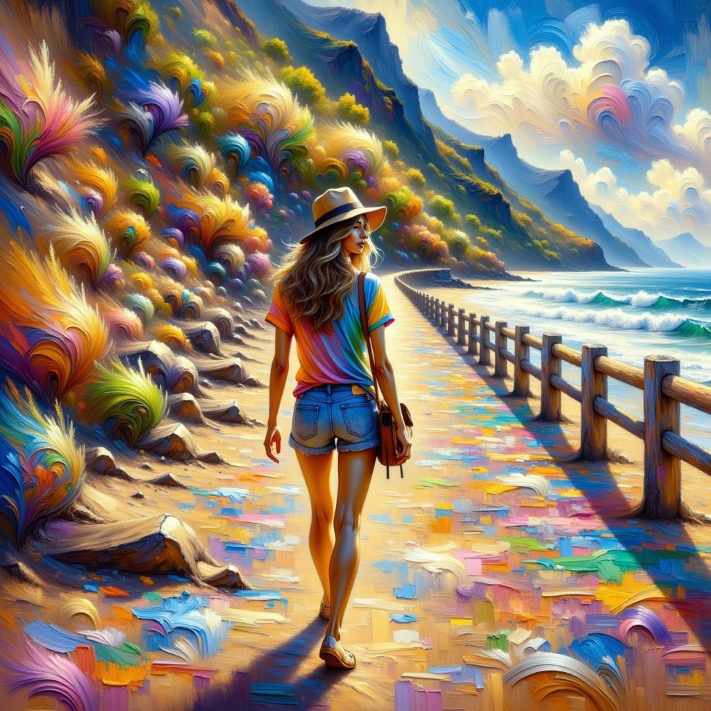 Young woman walking on a colorful pathway by the sea