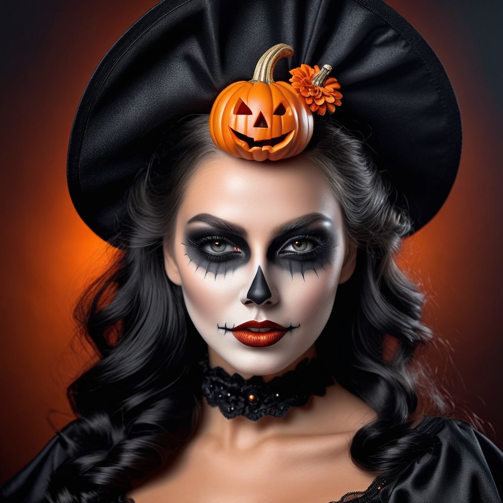 Halloween-Inspired Look with Skull Makeup and Hat