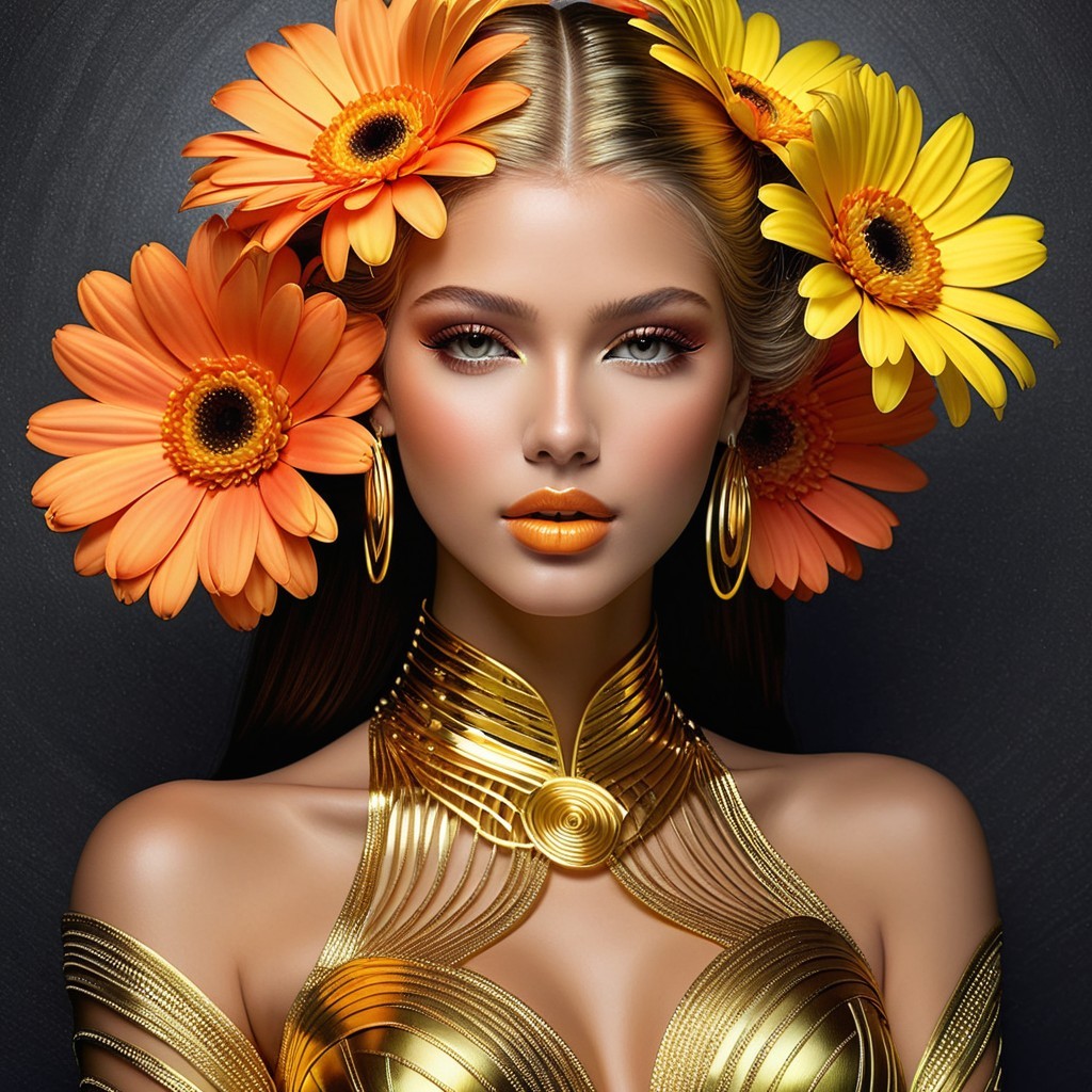 Portrait of a woman with floral hair and bold makeup