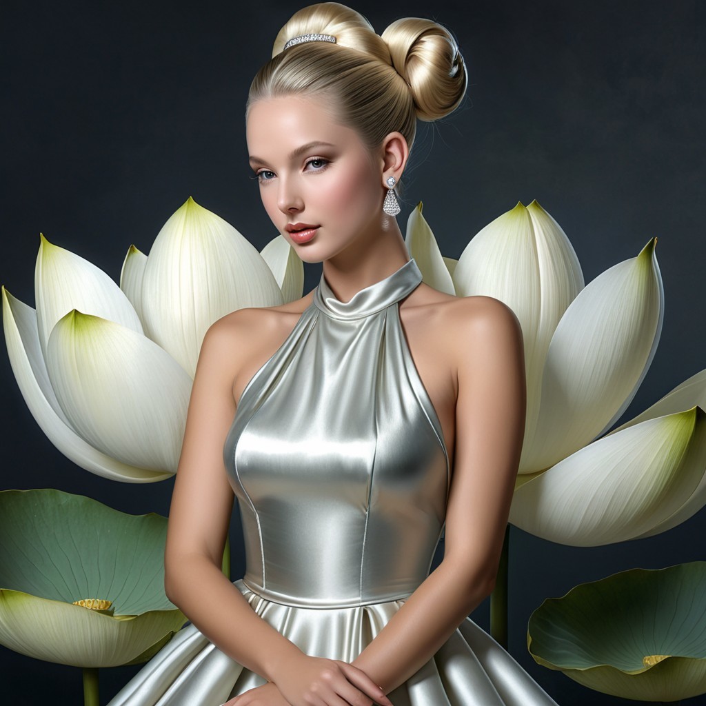 Woman in Silver Dress Among Elegant Lotus Flowers