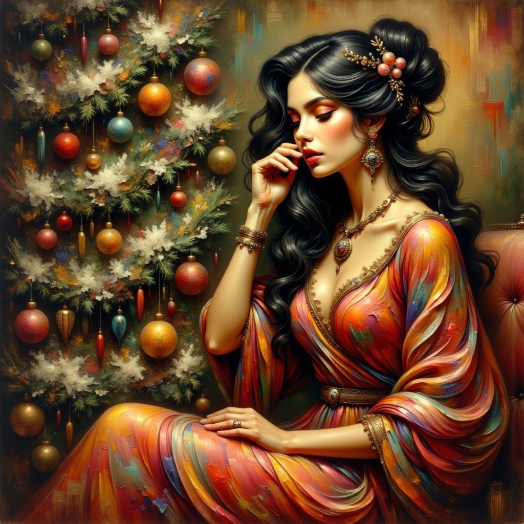 Elegantly Dressed Woman Beside a Christmas Tree