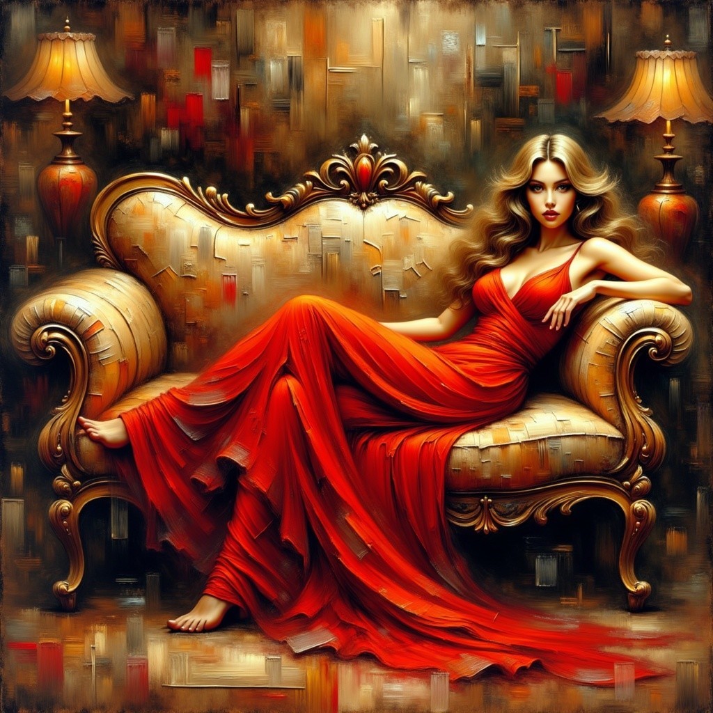Elegant Woman in Red Dress on Ornate Sofa Setting