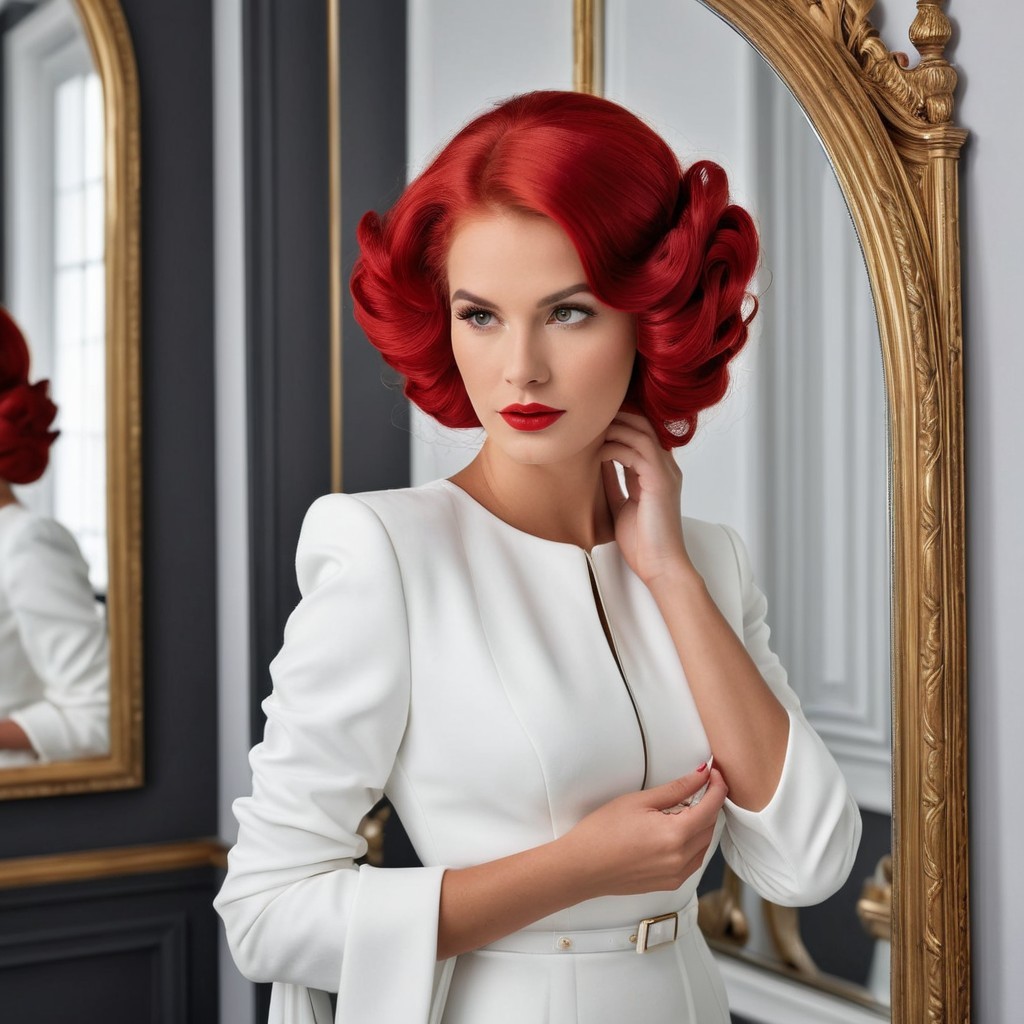 Elegant Woman with Red Curls in Stylish Outfit
