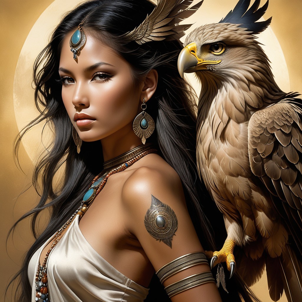 Portrait of a Woman with Jewelry and Eagle Companion