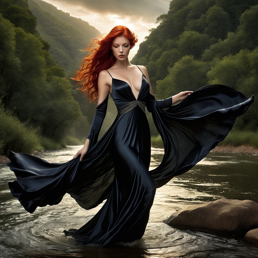 Serene River with Woman in Elegant Black Dress