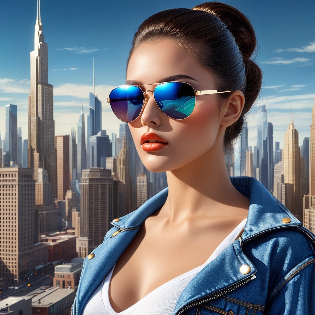 Young Woman in Denim Jacket Against City Skyline