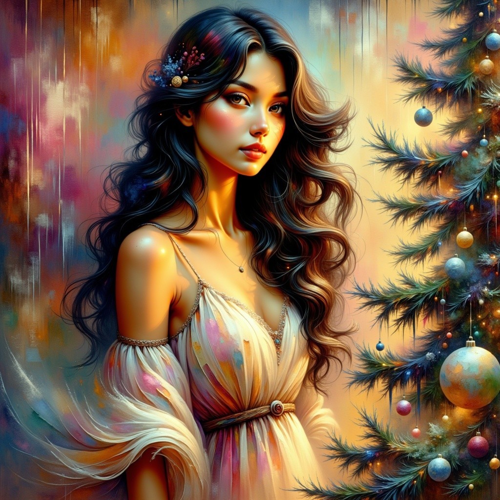 Woman in White Dress by Colorful Christmas Tree