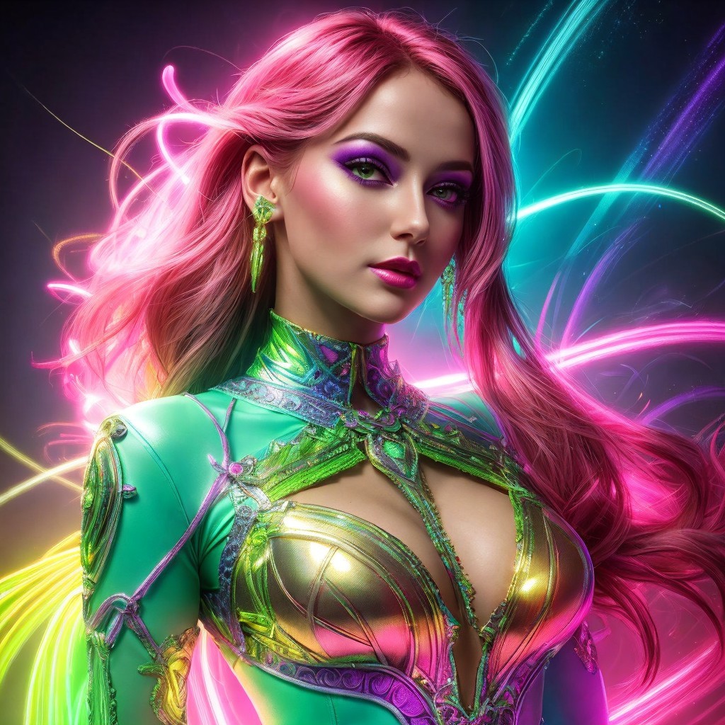 Futuristic Figure with Pink Hair and Vibrant Outfit