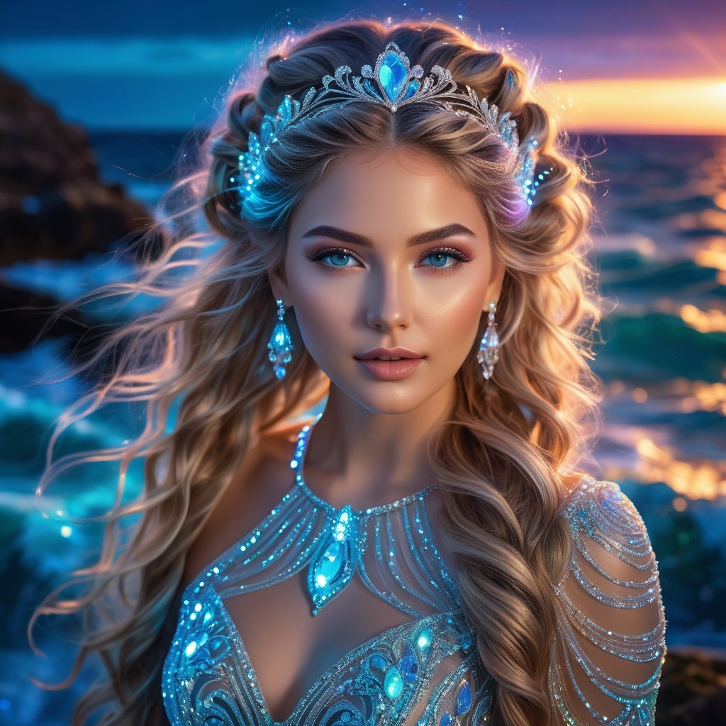 Elegant woman in jeweled tiara and sparkling gown